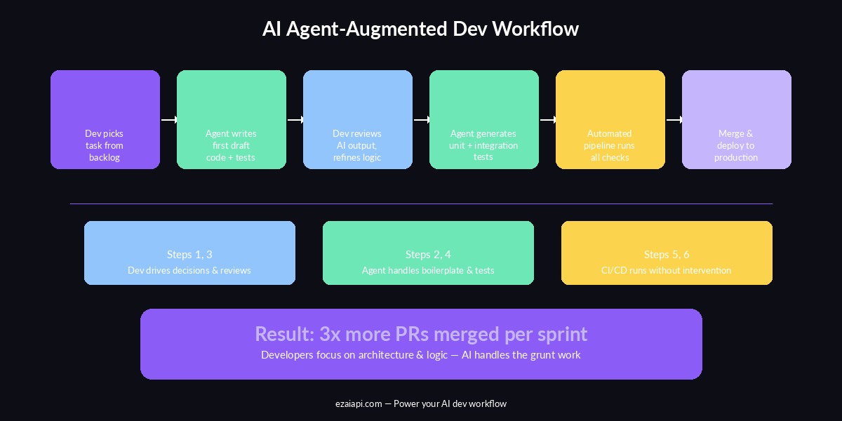 Six-step AI-augmented development workflow from ticket to deployment