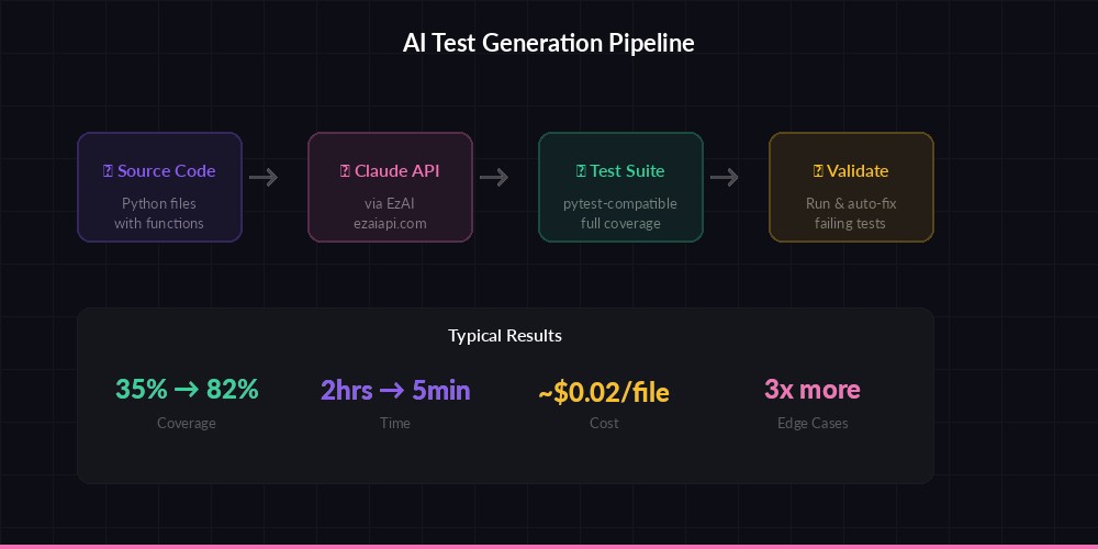 AI test generation workflow: source code to Claude API to pytest suite