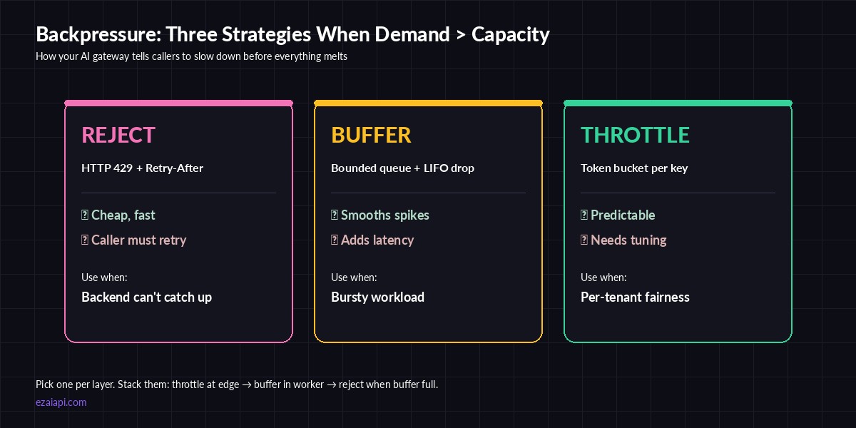 Three backpressure strategies: reject, buffer, throttle