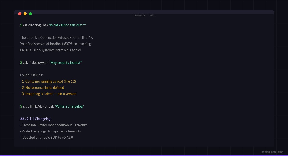 Terminal showing the ask CLI tool in action with piped input
