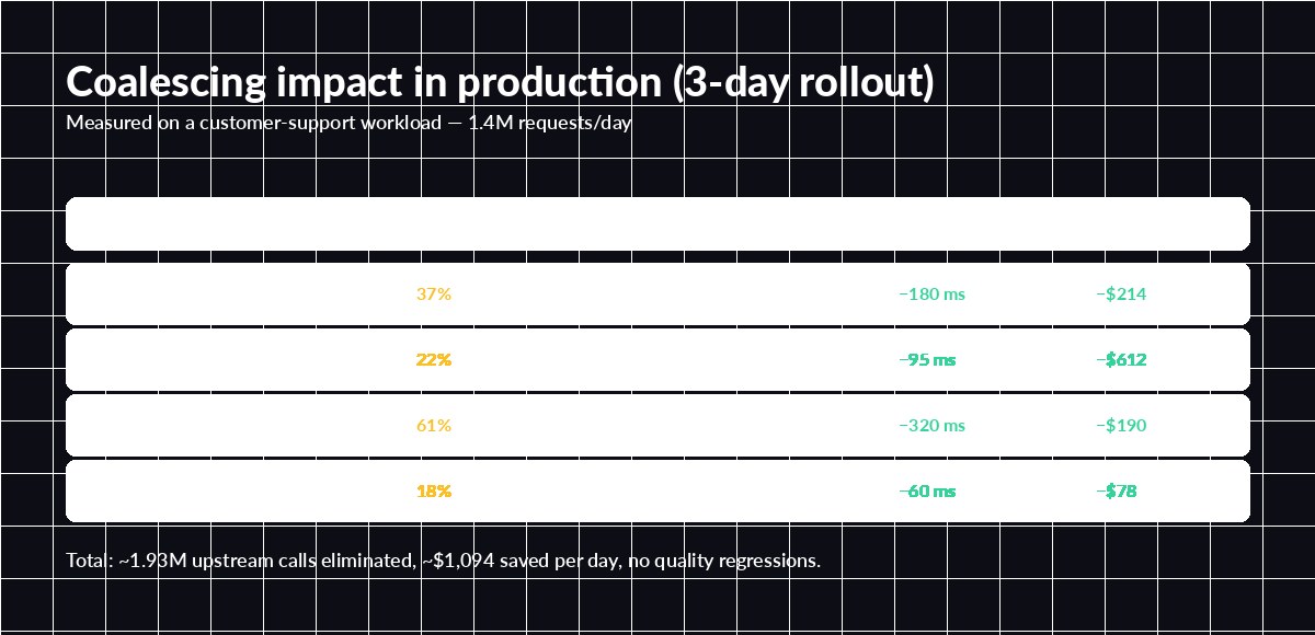 Production metrics showing coalescing impact across four workloads
