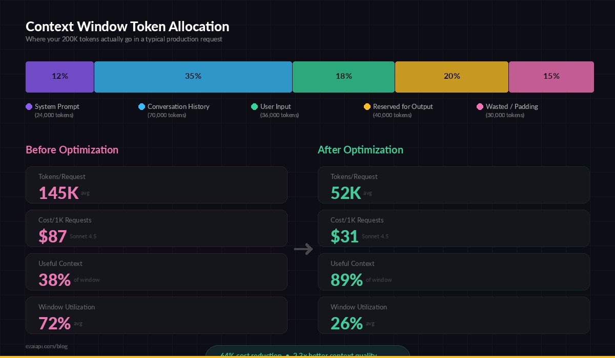 Context window token allocation breakdown showing system prompt, conversation history, user input, and model response
