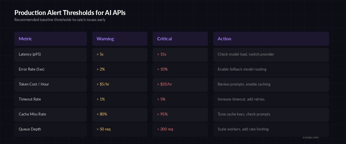 Production alert thresholds for AI APIs