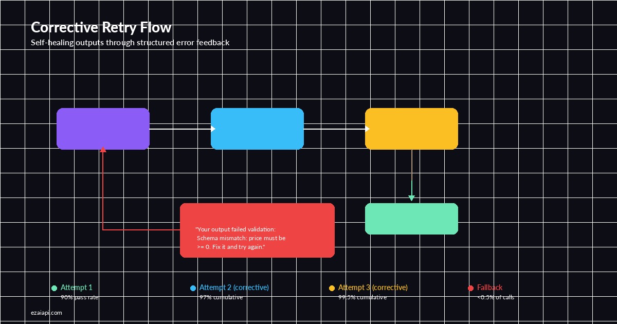 Retry flow diagram showing attempt, validate, correct, retry cycle