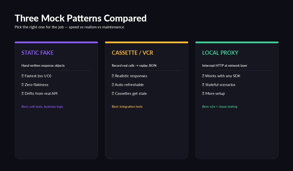 Comparison of three AI API mocking patterns