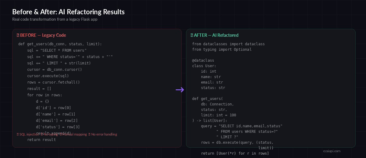Before and after comparison of AI-refactored Python code