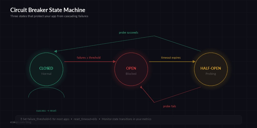 Circuit breaker state diagram: Closed, Open, Half-Open transitions