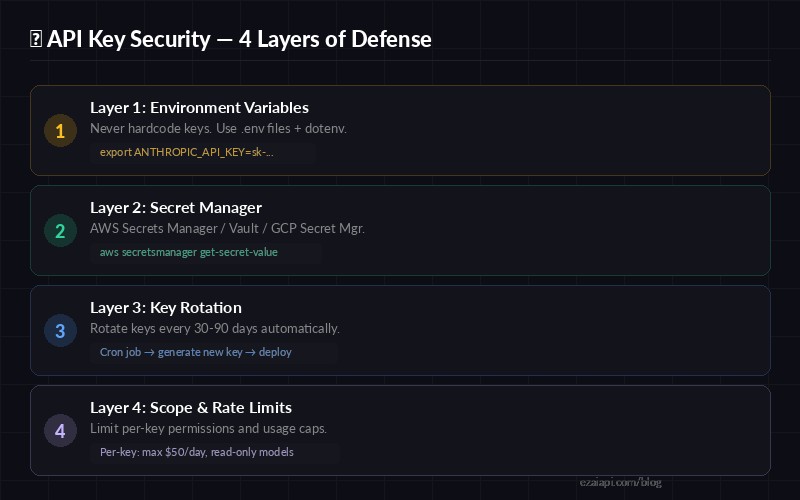 API key security layers diagram showing environment variables, secret managers, key rotation, and scope limiting