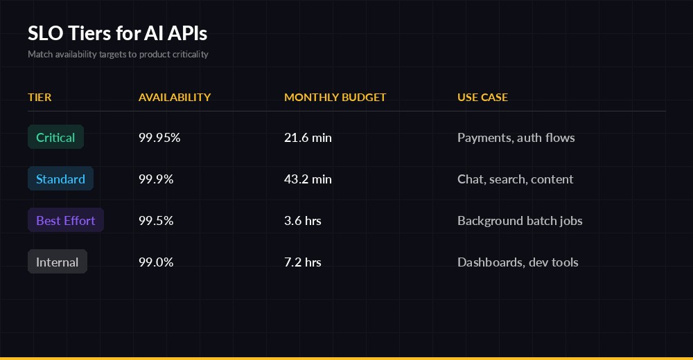 SLO availability tiers comparison table for AI APIs