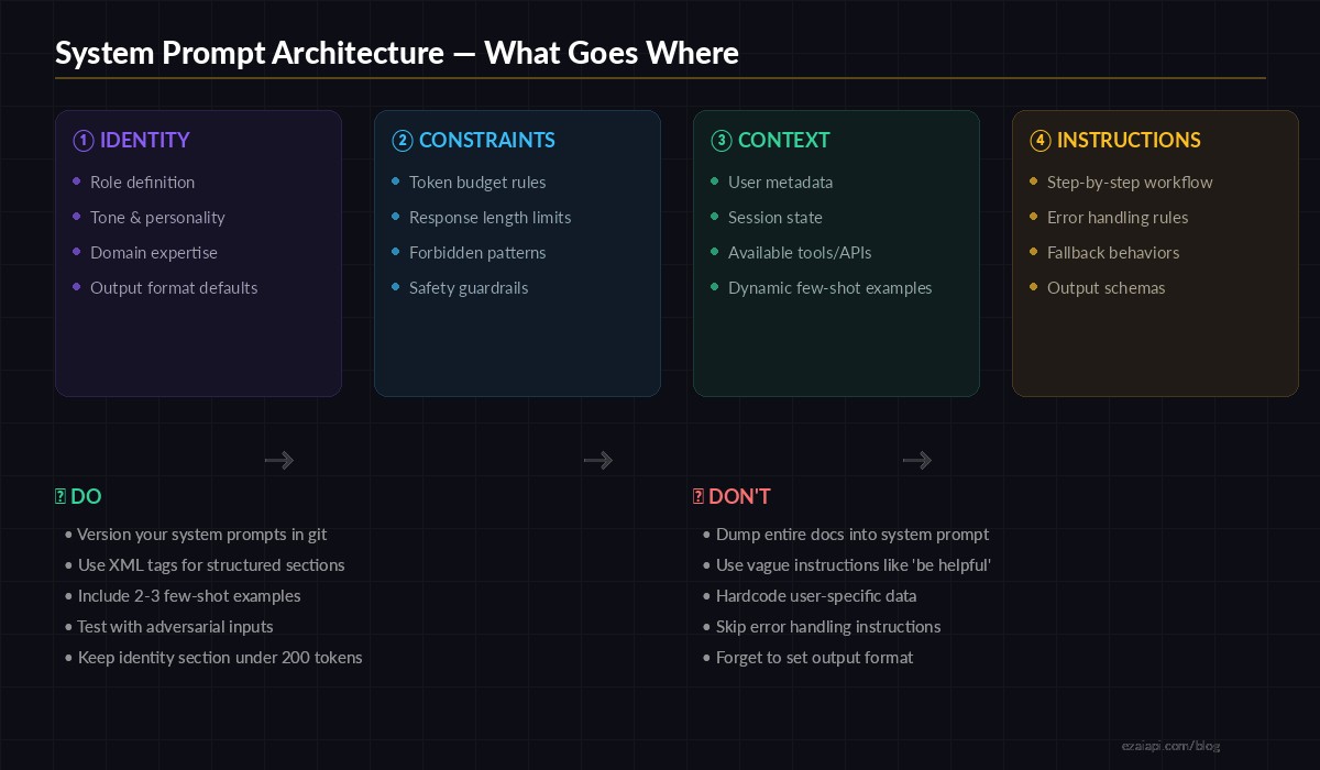 System Prompt Architecture — Identity, Constraints, Context, Instructions