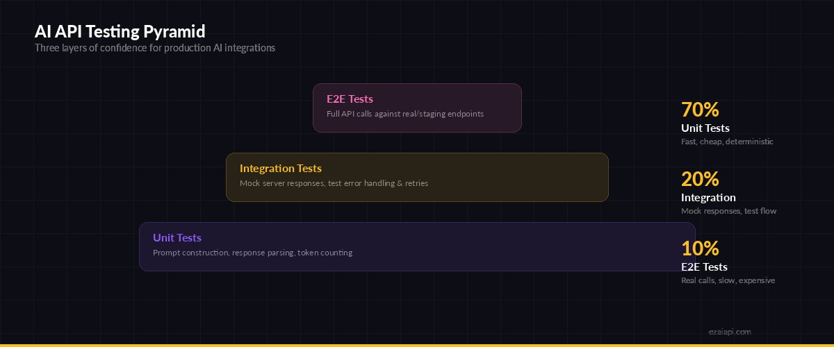 AI API Testing Pyramid — Unit, Integration, and E2E layers